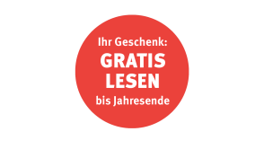Ein roter Kreis mit folgender Beschriftung: Ihr Geschenk ist gratis lesen bis Jahresende