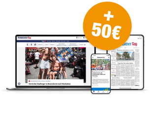 Laptop, Tablet und Smartphone mit der Frankischer Tag-Website, daneben ein Kreis mit „plus 50 €“