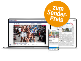 Laptop, Tablet und Smartphone mit der Fränkische Tag-Website, daneben ein Kreis mit der Aufschrift „zum Sonderpreis!“