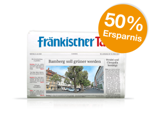 Abbildung der Zeitung Fränkischer Tag, mittig gefaltet. Oranger, runder Button mit dem Hinweis auf 50 Prozent Ersparnis.